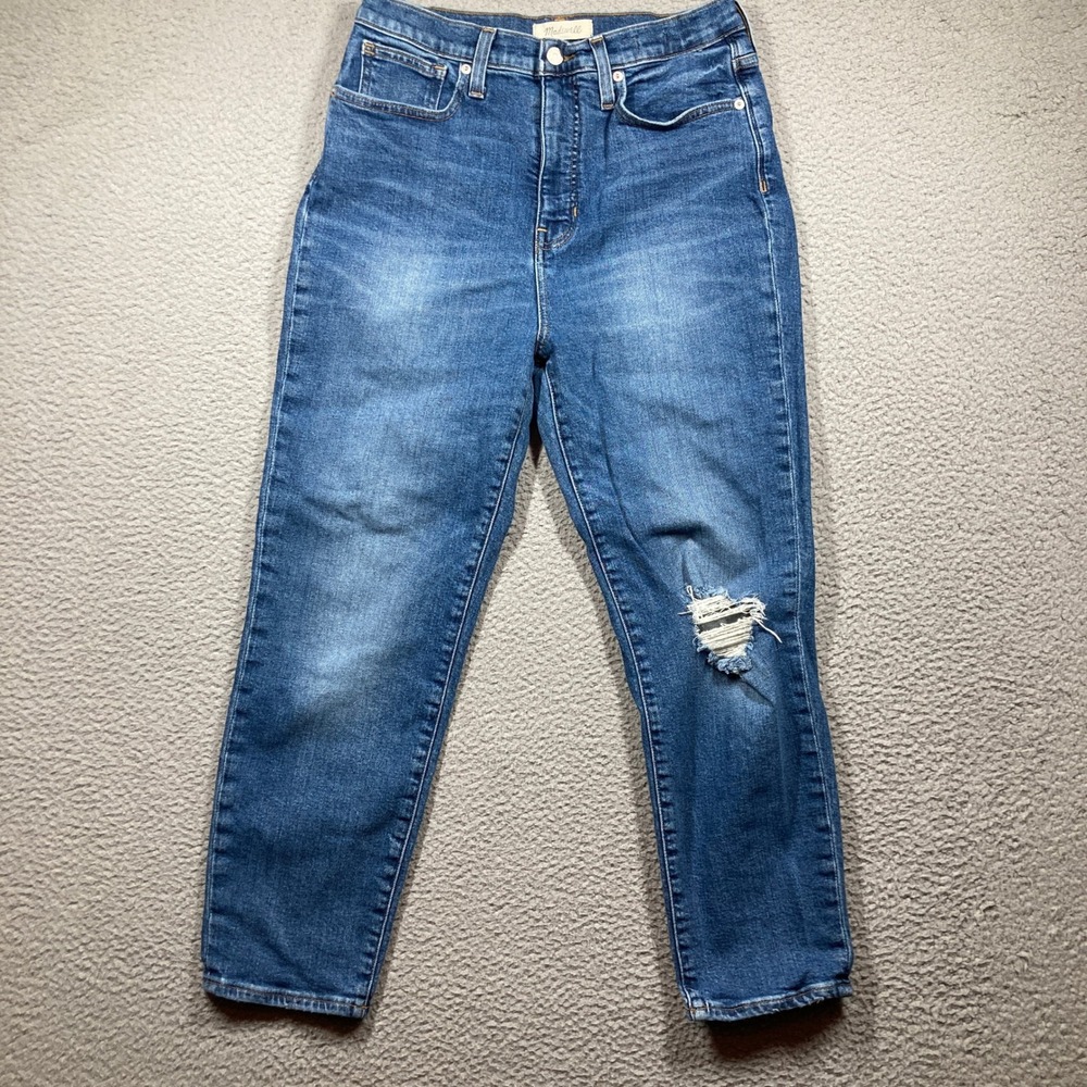 Madewell The Momjean Jeans Womens 29 Blue High Rise Distressed Tapered Leg Denim